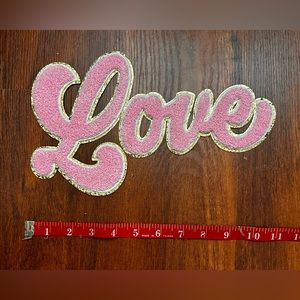 “Love” chenille iron on or appliqué gold trip 11”x7” for duffel b…